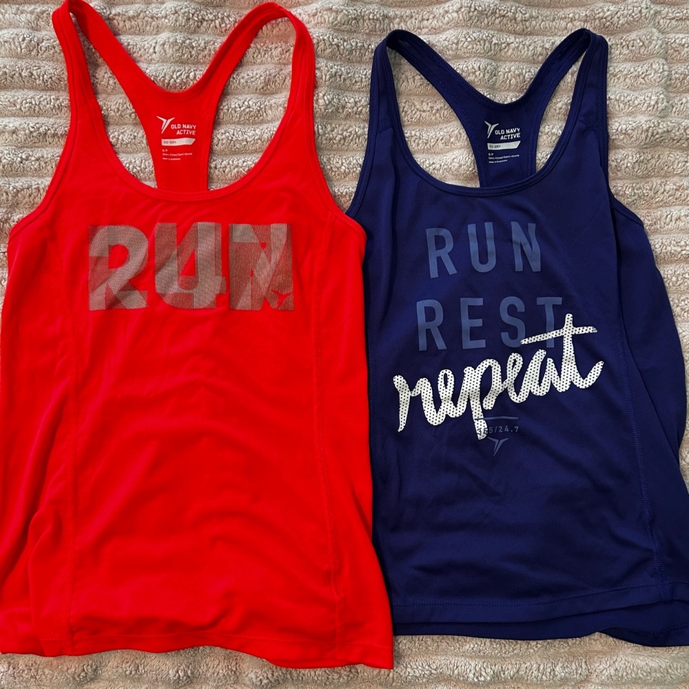 Old Navy Active Red and Blue Graphic Tank Tops - set of two